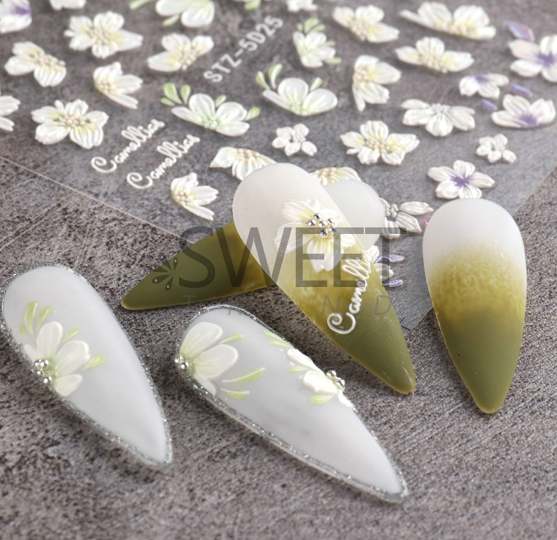 5D Embossed White Camellia Flowers Decals Nail Stickers Sliders Manicure 5D25