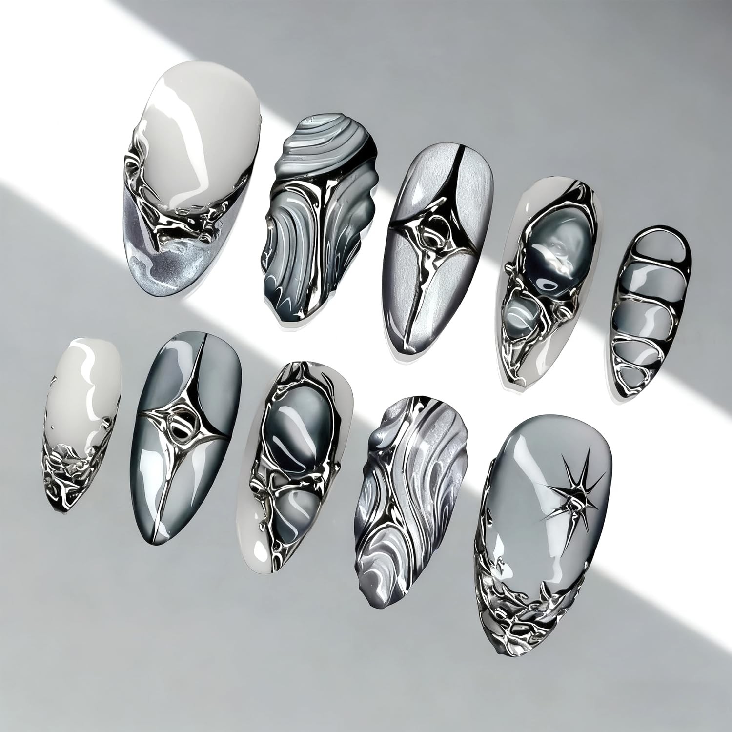 30Pcs Silver French Tip Press on Nails Medium Almond Fake Colorful -12