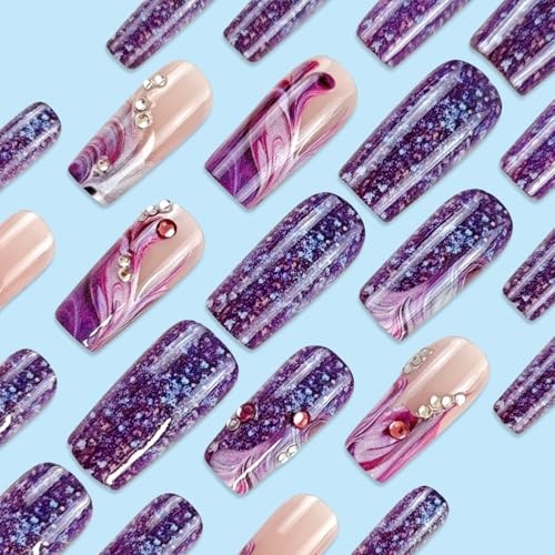 24Pcs Purple Press on Nails Medium Square Fake Nails with Rhinestone Style 4