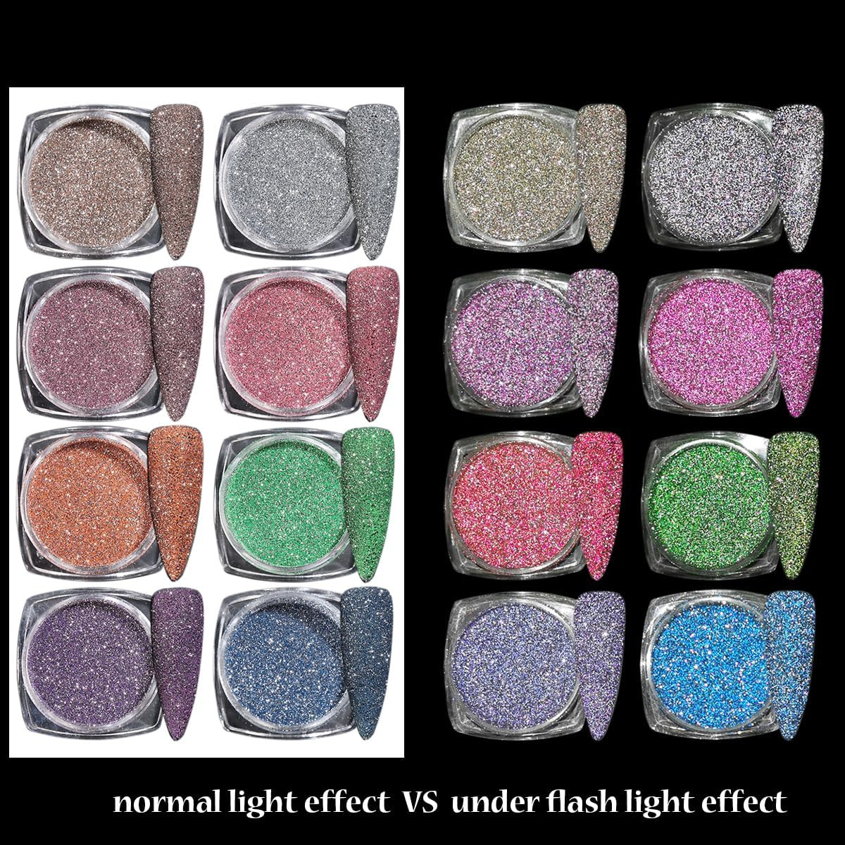 Reflective Glitter Powder Set, 8 Colors Sparkle Diamond Nail Glitter Dust, Silve