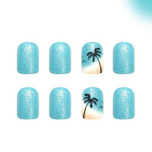 Summer Press on Nails Short Square Fake Nails Beach Coconut Tree False Style 26