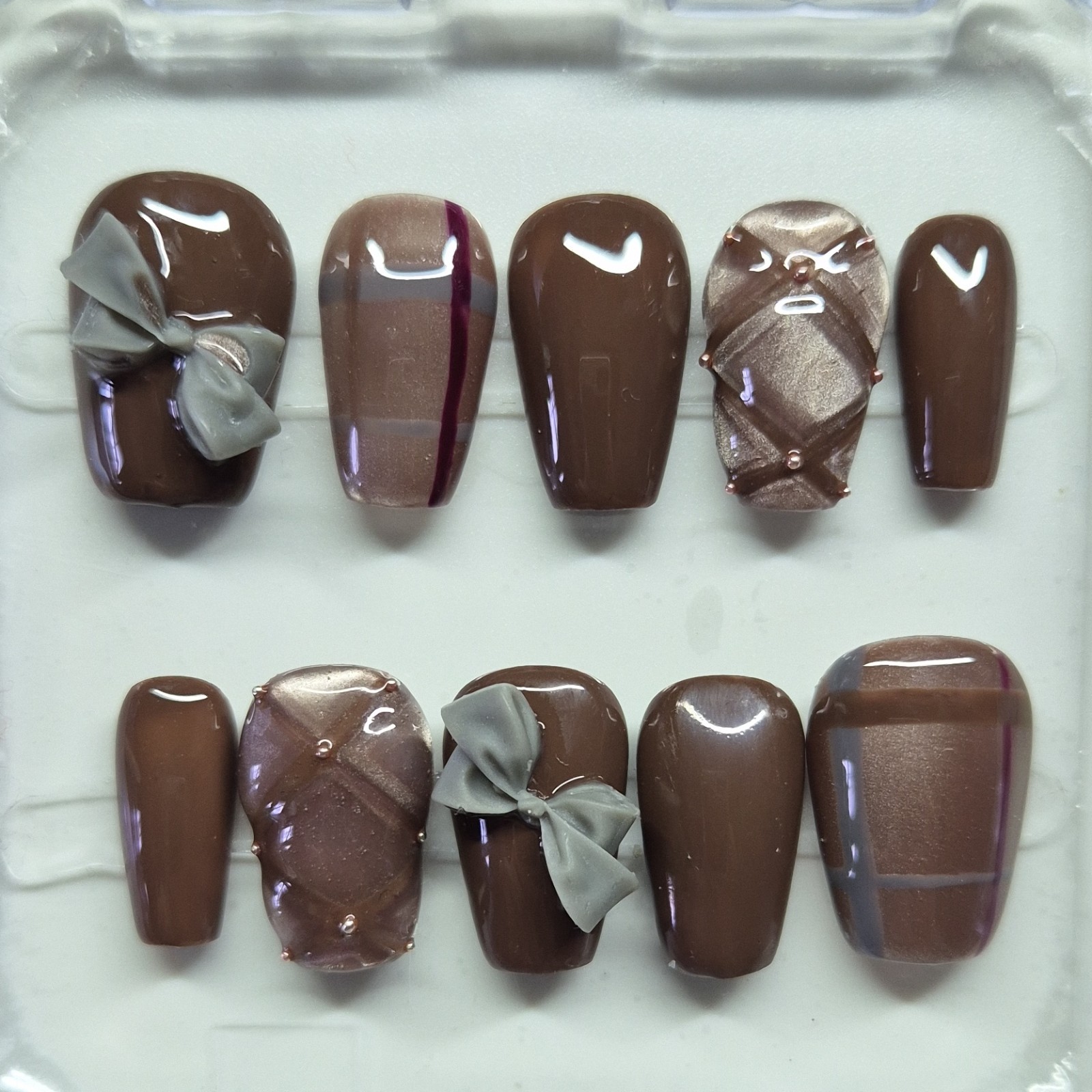 Brown Gray 3D Bow Square Oval Press-On Nails Set Pre-Designed Full Cover