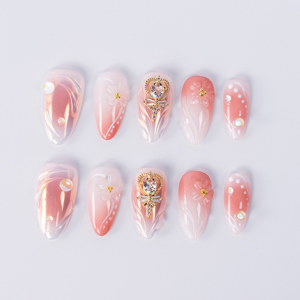 10pcs Peach Gradient Almond Nails 3D Diamond Heart Pearl Luxury Wedding