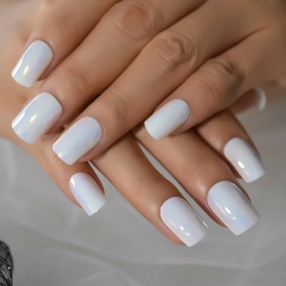 Icy White Press on Nails Holographic with glue short chrome chameleon