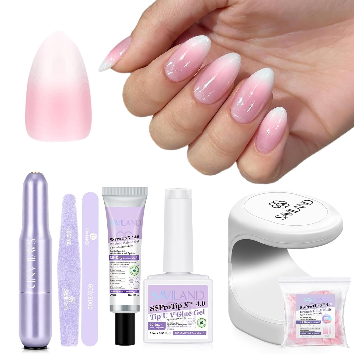 Pink White Ombre Almond Press On Nails Set