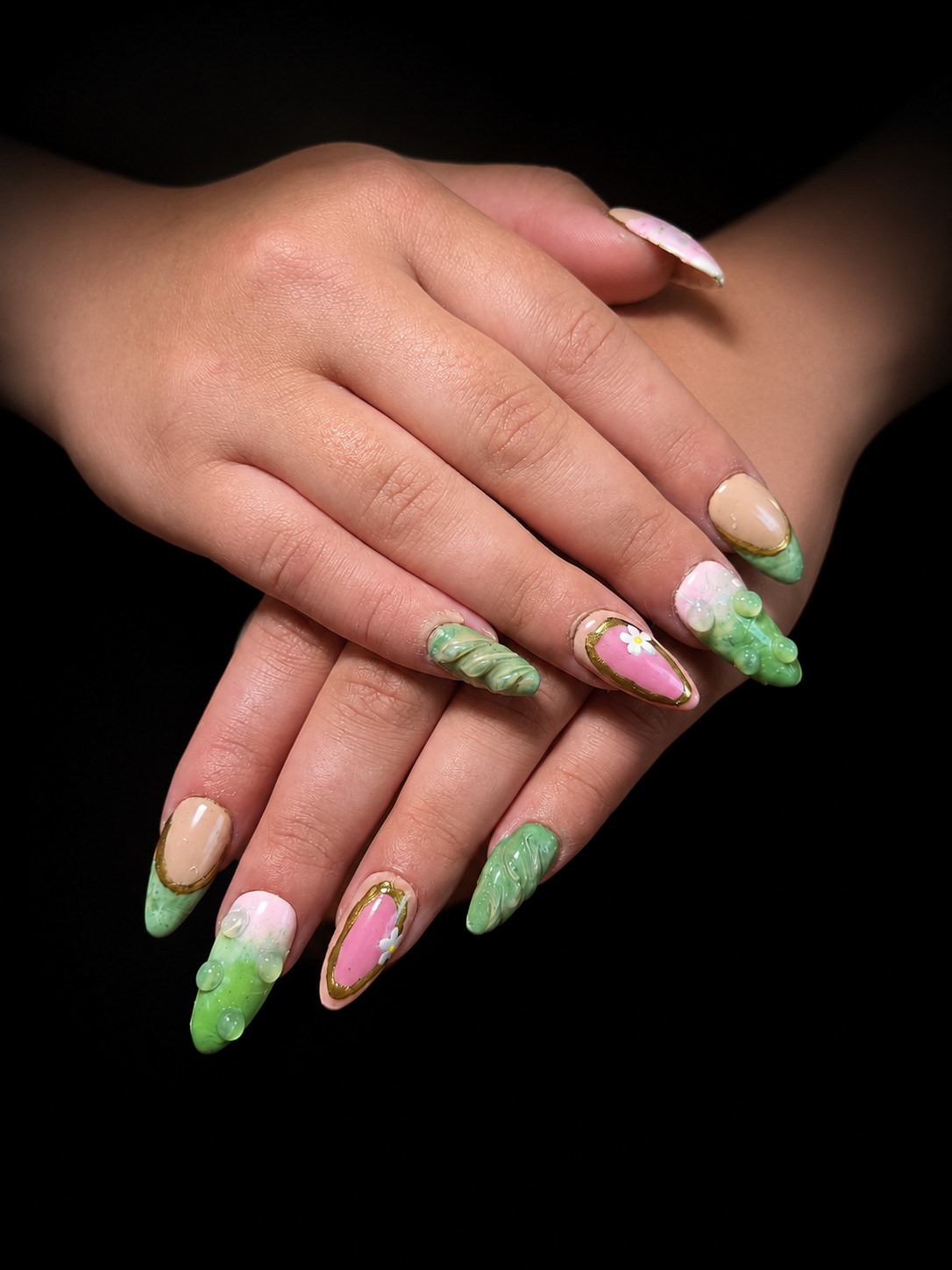 handmade medium strawberry matcha almond press on nails