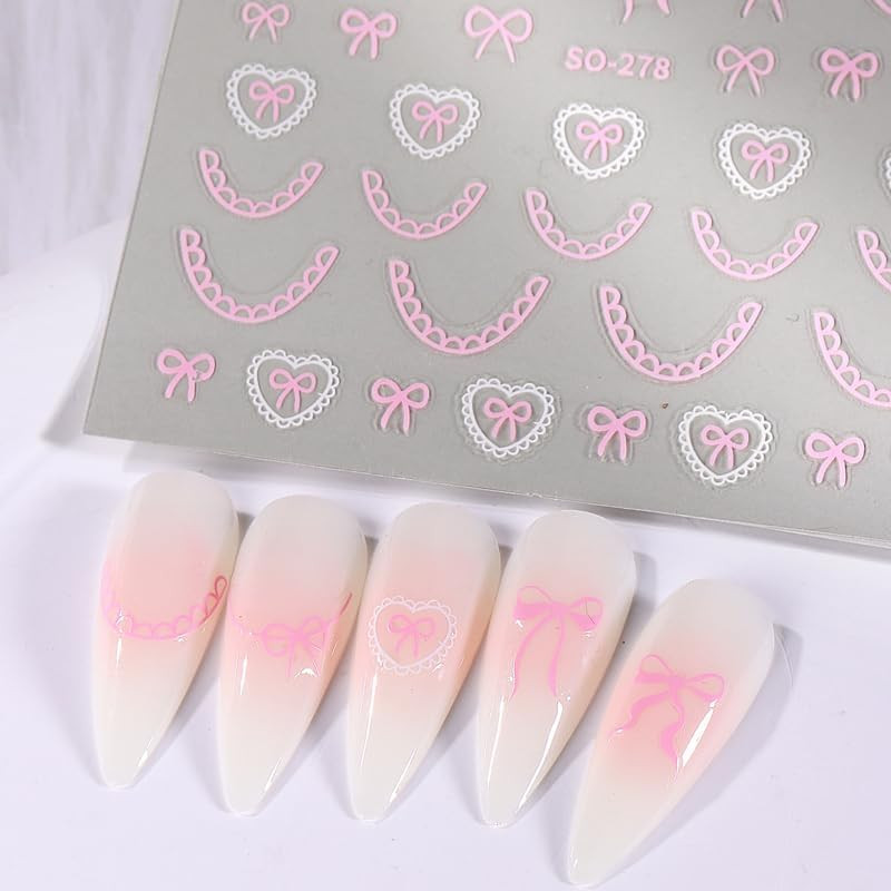 6Pcs Bow Nail Stickers Valentines Nail Decals Love-Heart Kawaii Lace Bow Tie Nai