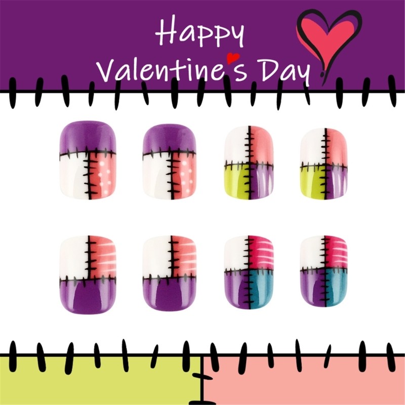 Stylish False Nail Lattice and Stripe Pattern Short Press On Nail for Women