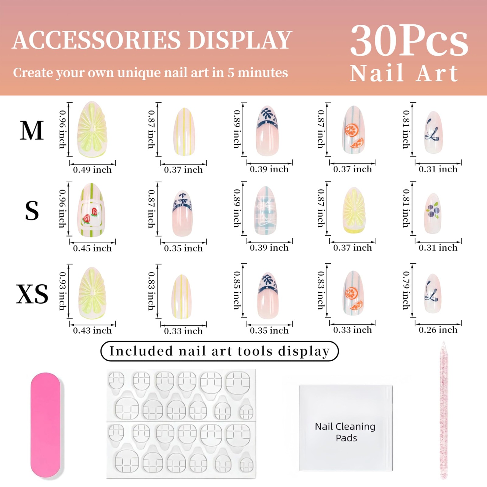 Summer Lemon Press on Nails Medium Almond Fake 2.5*2.5*0.3, Multicolor