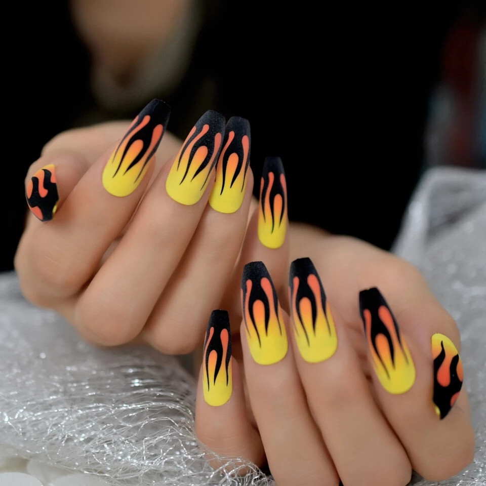 24 Press on Nails kit w Glue extra long Coffin guy fieri black flames yelllow
