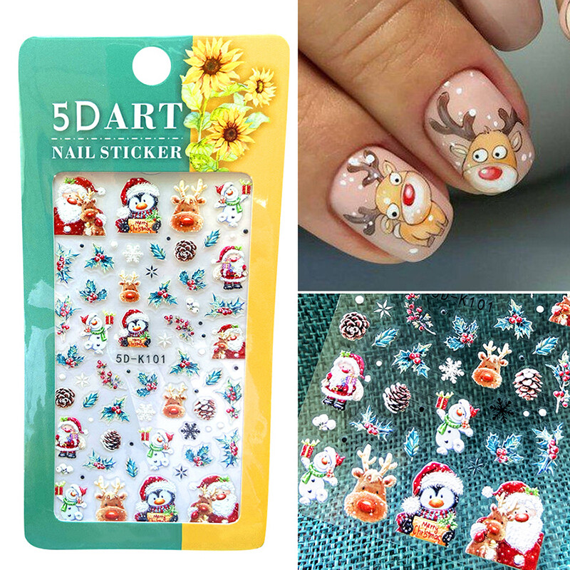 4set New Year Nail Art 5D Adhesive Stickers Embossed Color Christmas Nail Decals