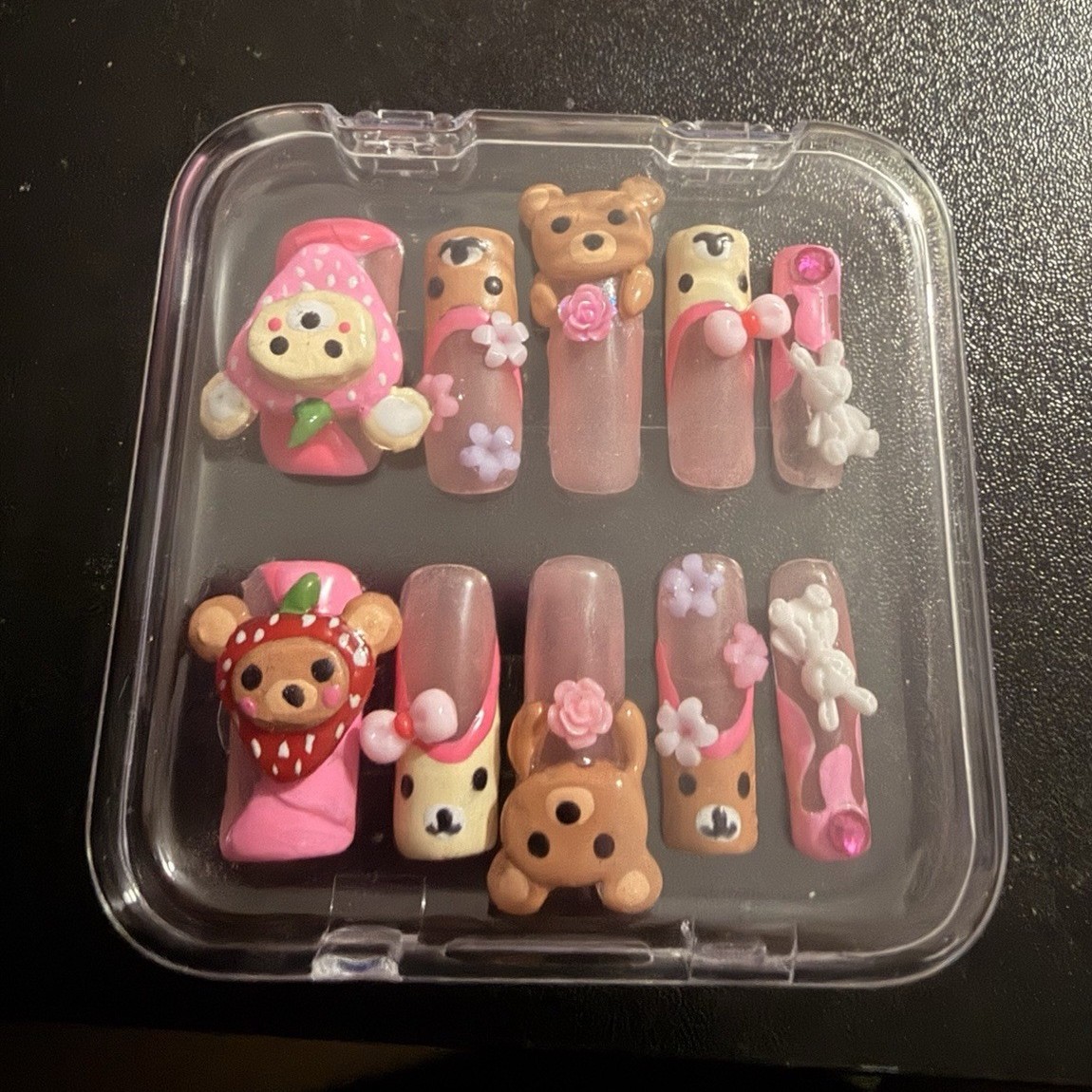 Pink Brown White 3D Bear Bunny Flower Med. Square Full Cover Press-On Nails Set