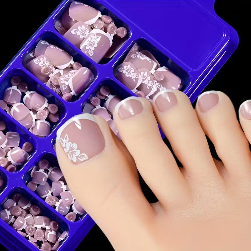 120 Press-On Toe nails, Floral Design in Nude Pink, French Style, Summer
