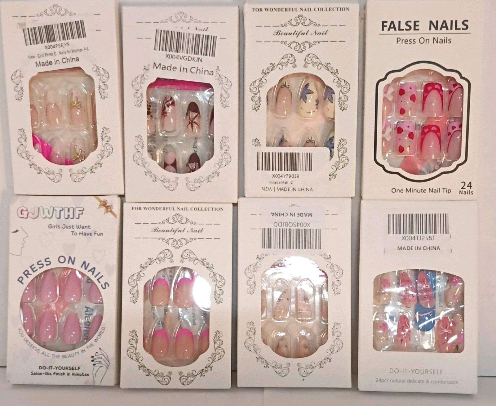 Press-On Nails Pink Nude Oval Medium Glossy Hearts, Lot Of 8