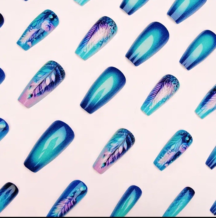 24pc Ballerina Ballet Style Turquoise Pink Long Press On nails Teal Feather Teal