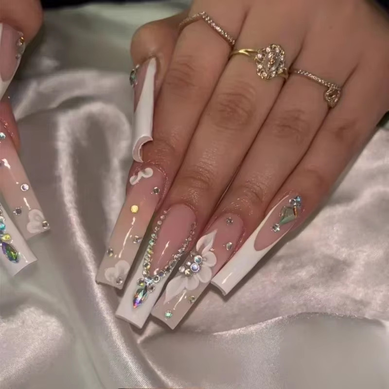 24Pcs Long French Fake Nails with Glue Ballet False Nails Butterfly Rhinestone D