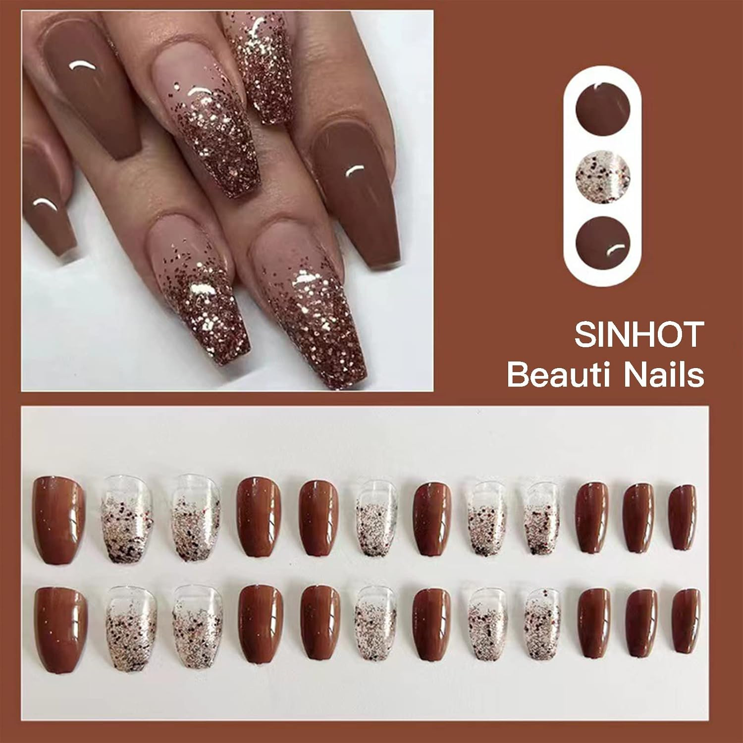Coffin Press on Nails Medium Ballerina Glossy Glue on Nails Brown Gradient Acryl