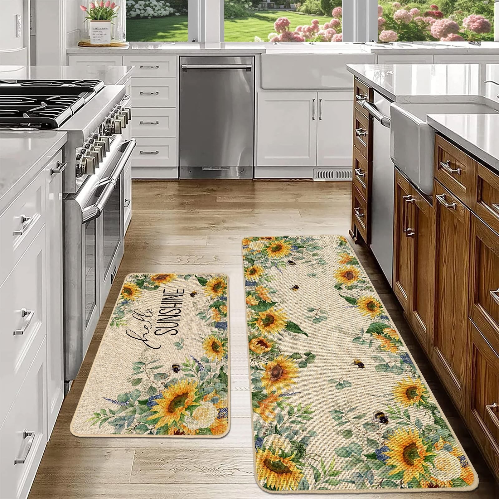 Baccessor Summer Kitchen Mats Set of 2, Sunflower Floral Bee Kitchen Rugs for…
