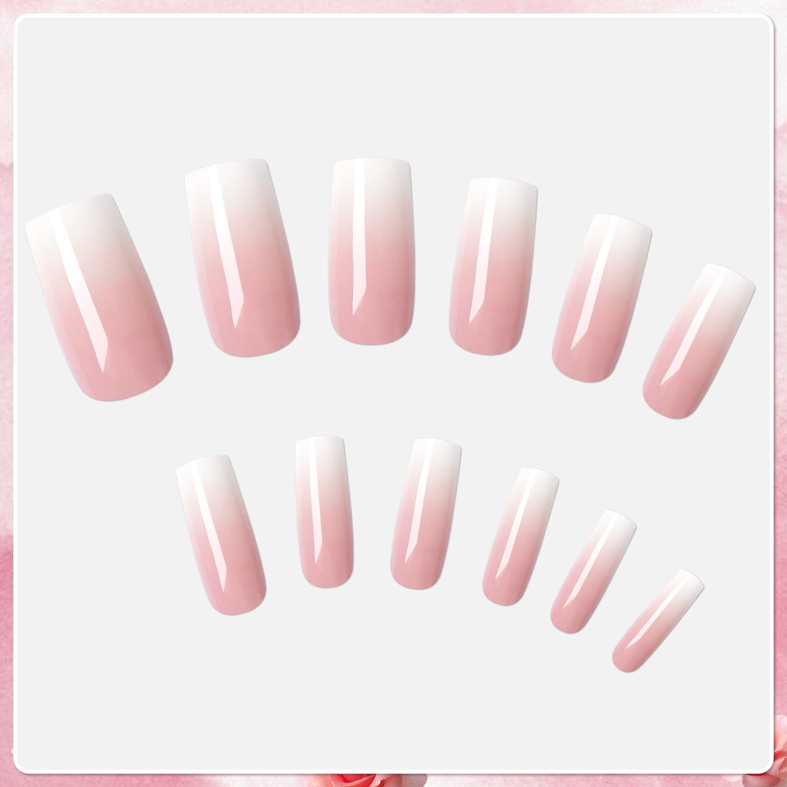 AddFavor 120pcs Ombre Press on Nails Long Square – Long, Ombre-Pink white