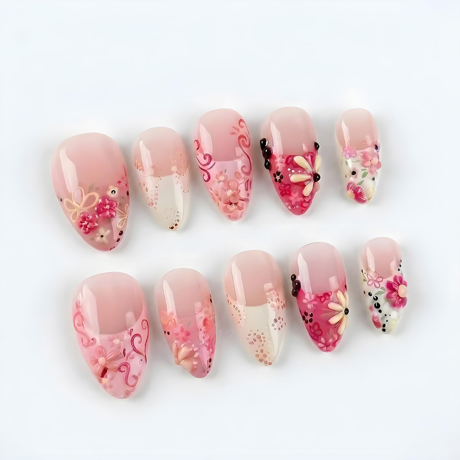 3D Summer Press on Nails Medium Almond Beach Fake Nails Gold Shell Jellyfish Oce