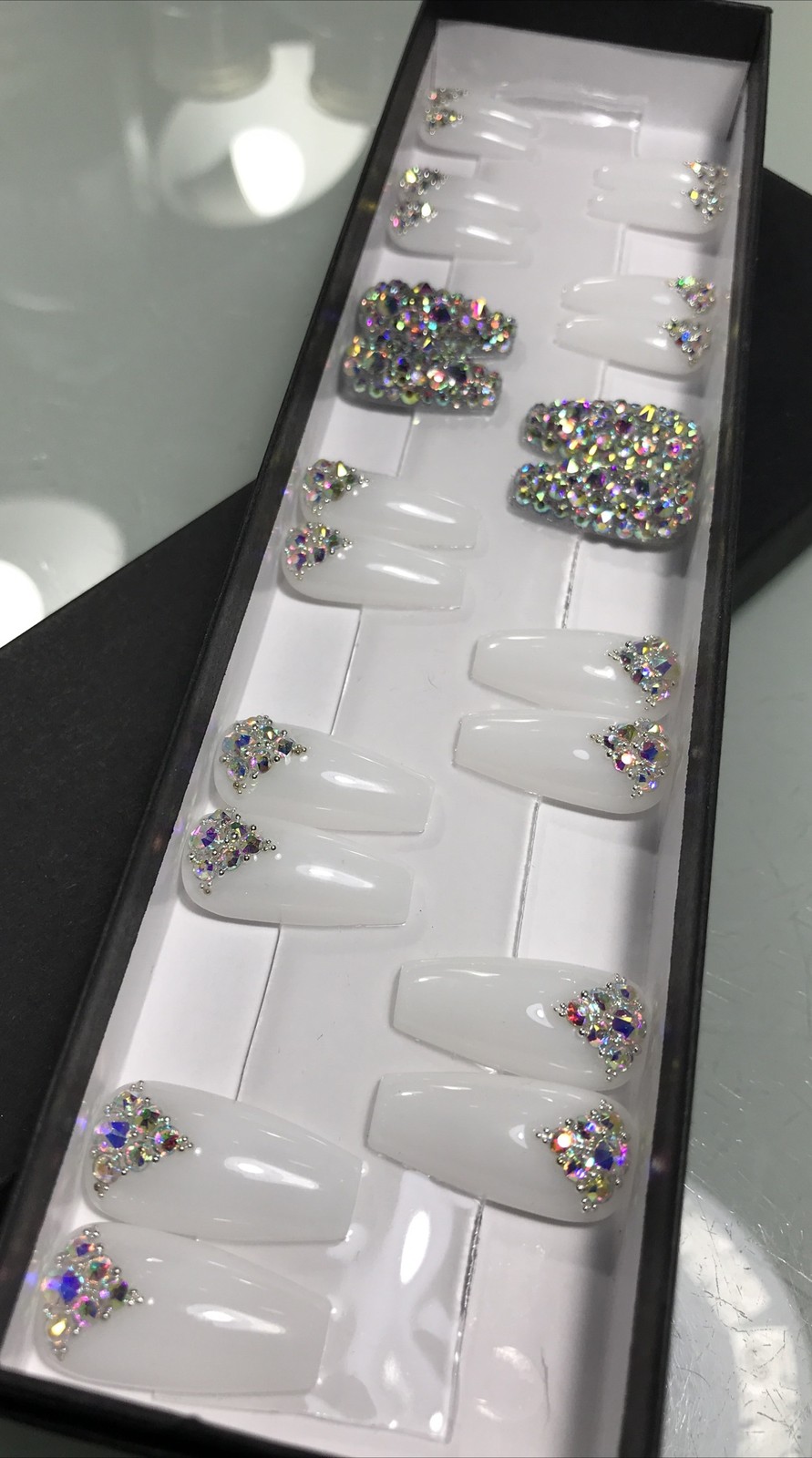 🔥 Press On Nails Handmade- 22 Med Coffin Pink White + Crystal Gel /gel Polish