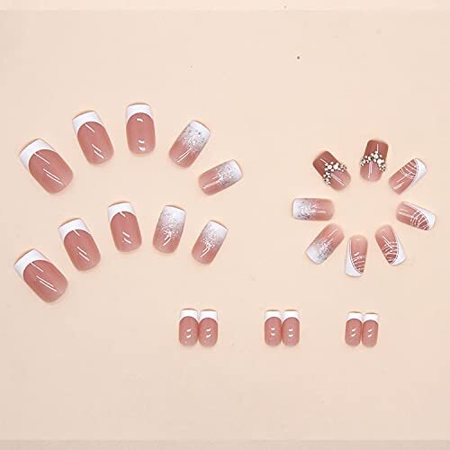 Pink Press On Nails Short Square, Coffin Shape Full Cover Reusable Rhinestones