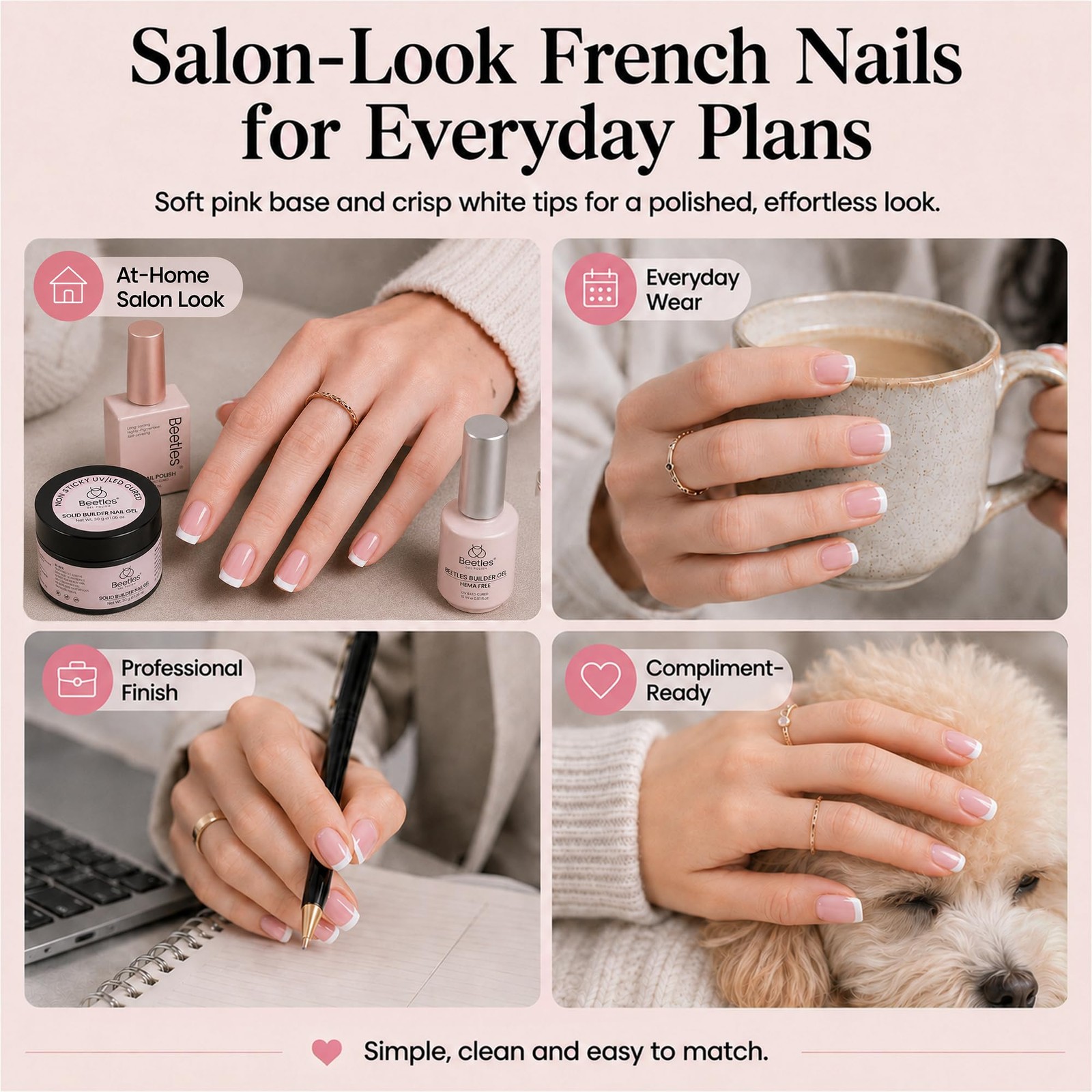 Beetles French 15 Sizes, 0 – Press On Nails Only | Short Square | Pink