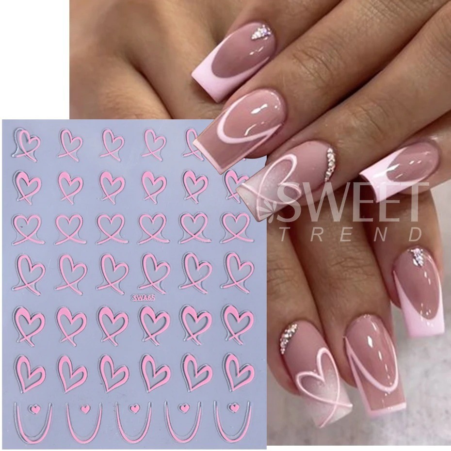 Nail Art Stickers 3D Black White Pink Lines Love Heart Nail Decals Adhesive 3PCS