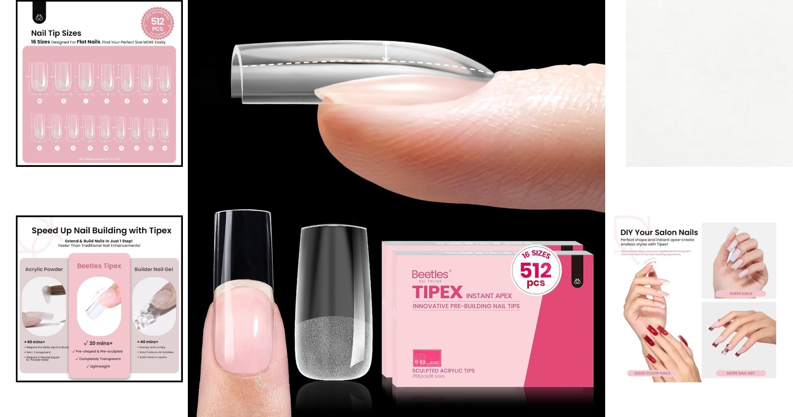 Beetles Tipex Instant Apex Nail Tips, 512Pcs Square Medium Pre-Building Pre-Etch