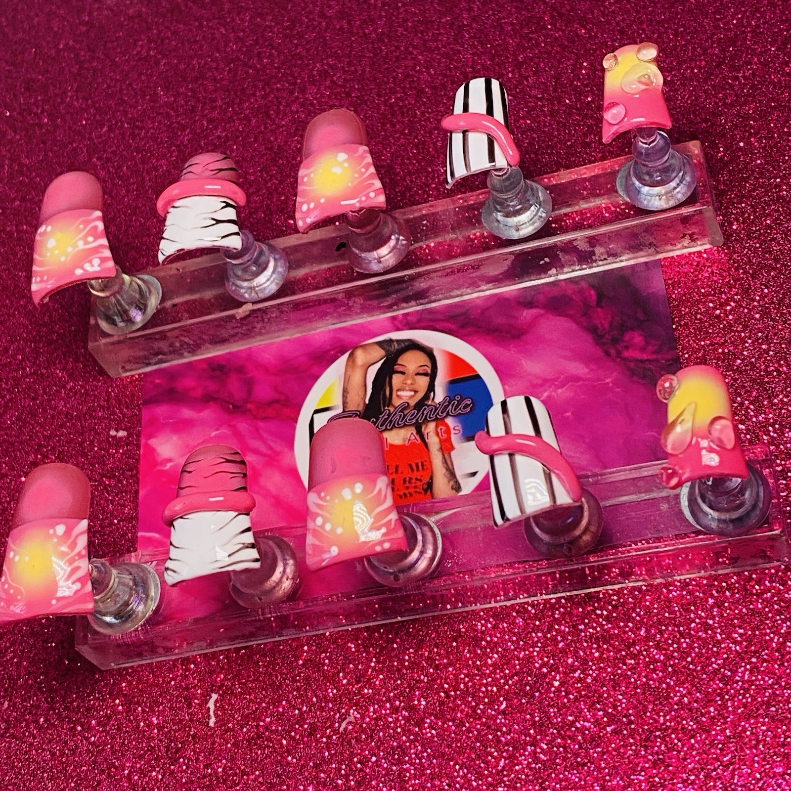 Authentic Nail Arts by Dia Duck Shaped Press-On Nails Pink Yellow 3D Abstract