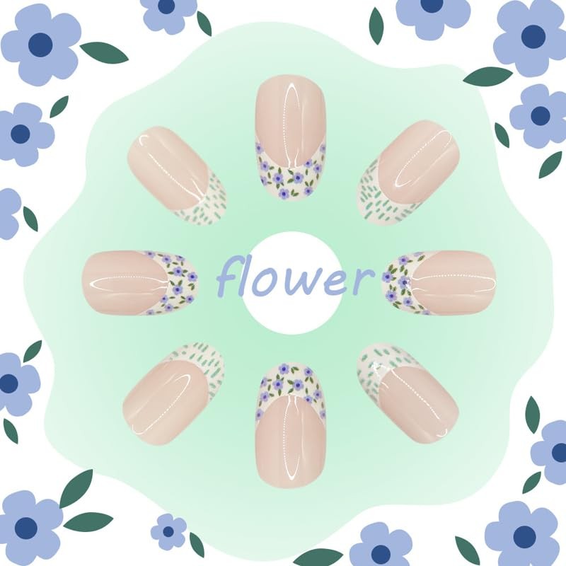 Flower French Tip Press on Nails Short Oval Fake Nails Fall False Nails Gloss…