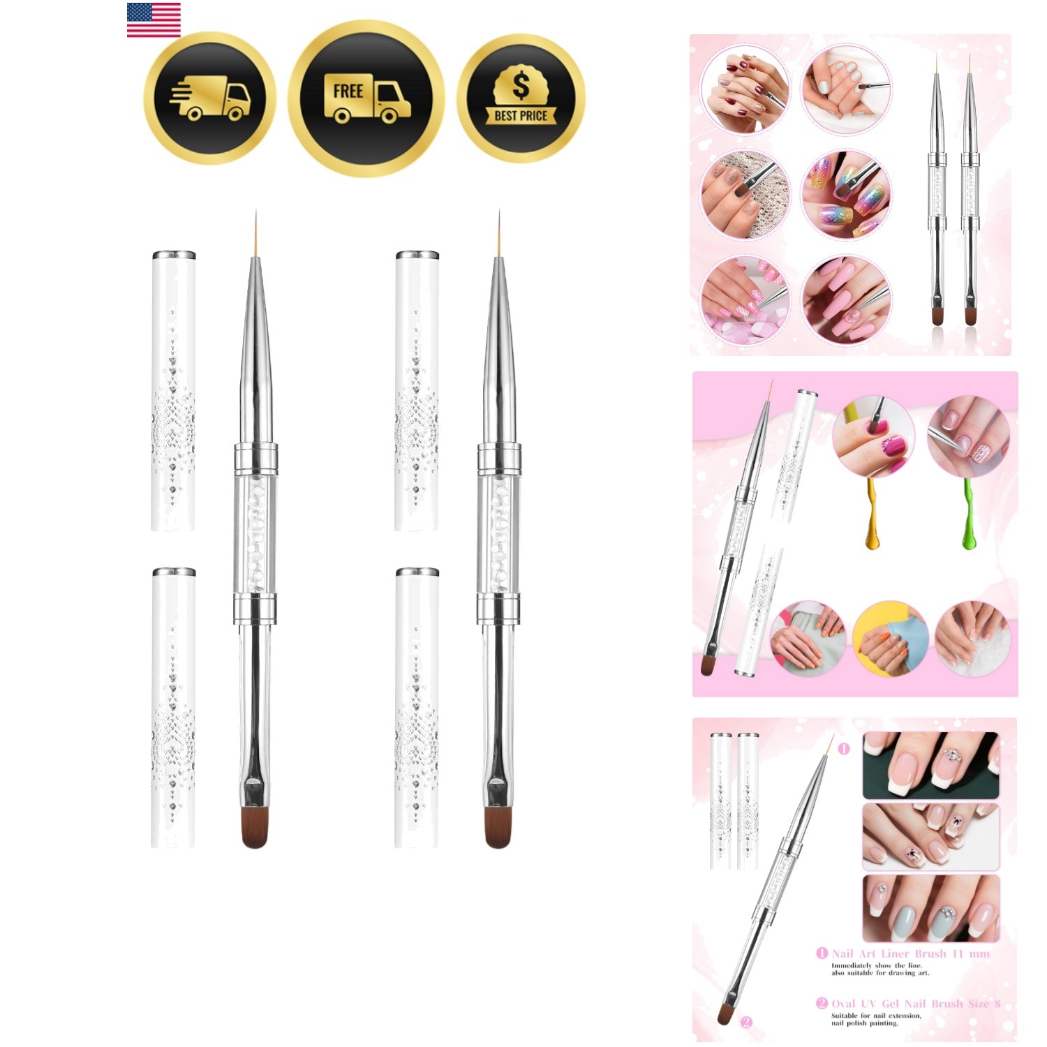 2 Pcs Double Ended French Tip Brush Hard Gel, Nail Builder Gel Brush, Brush L…