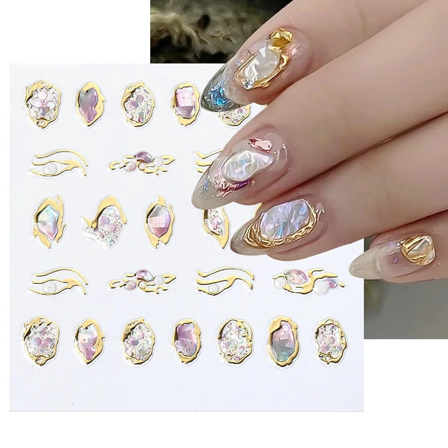 6 Sheets 5D Gold Embossed Nail Art Stickers Gem Crystal Irregular Geometric Fram