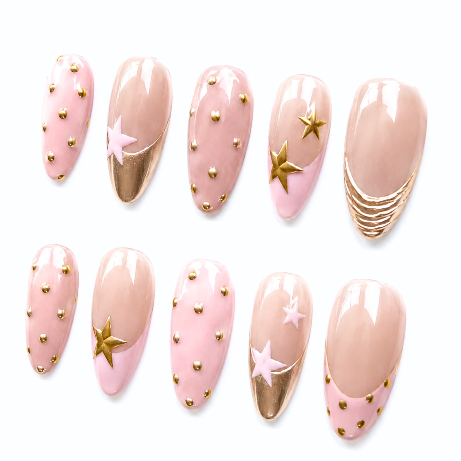 Handmade Nude Pink Gold Star Press On Nails Celestial Custom Set