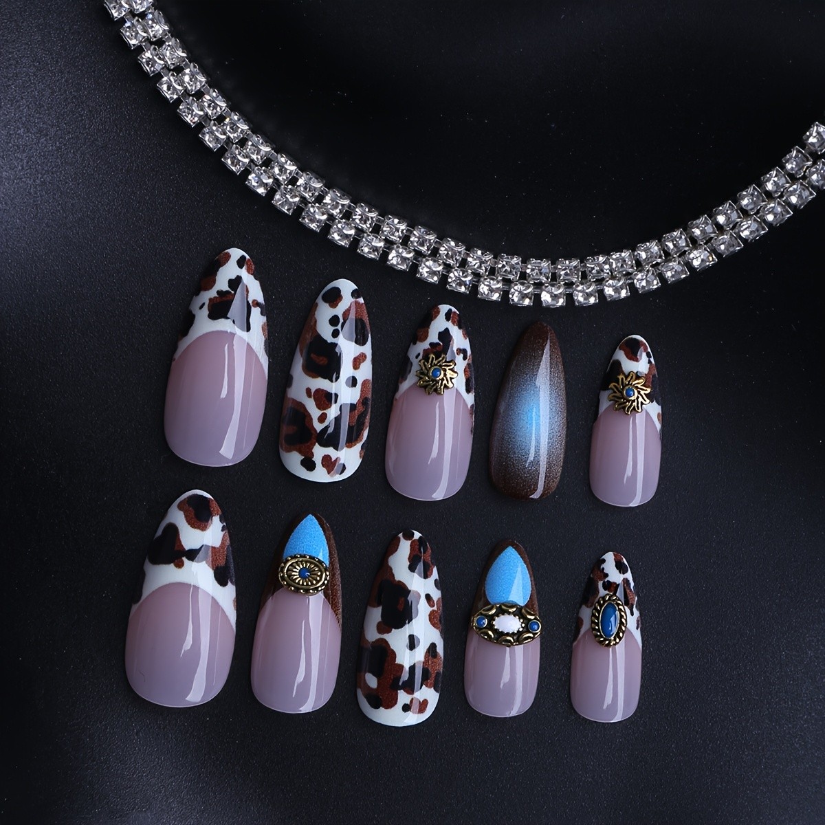 48Pcs-Cow Print Turquoise Almond Press on Nails with Western Style Gem Fake Tips