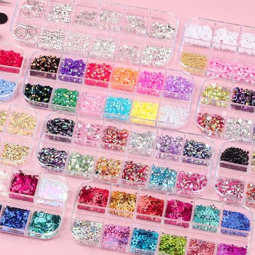12 Boxes Nail Art Kit with Nail Charms, Gems, Rhinestones & Set 2 – 12 Boxes