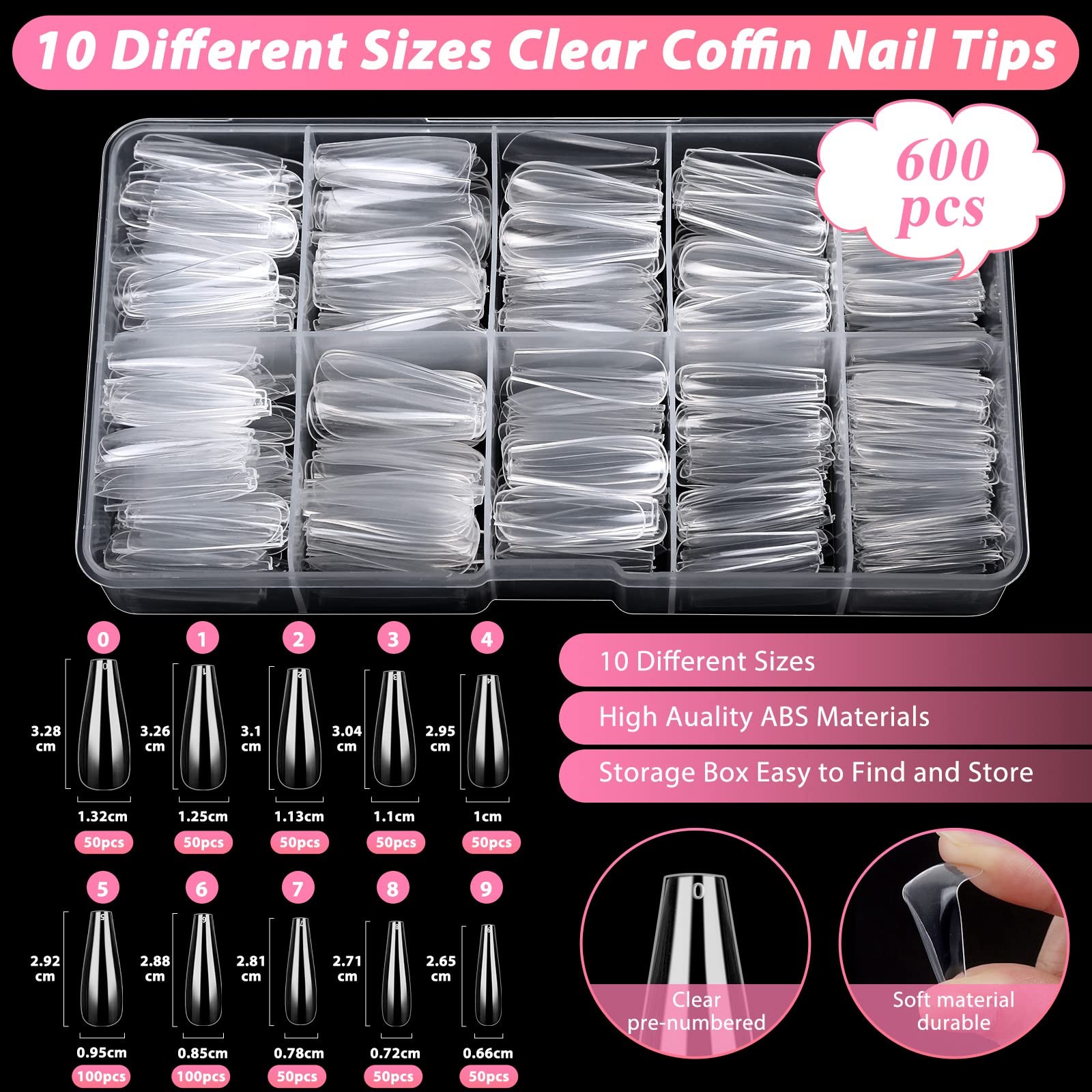 New 600PCS Clear Coffin Nail Tips Set Qinzave Acrylic with Glue Nails Full Cover