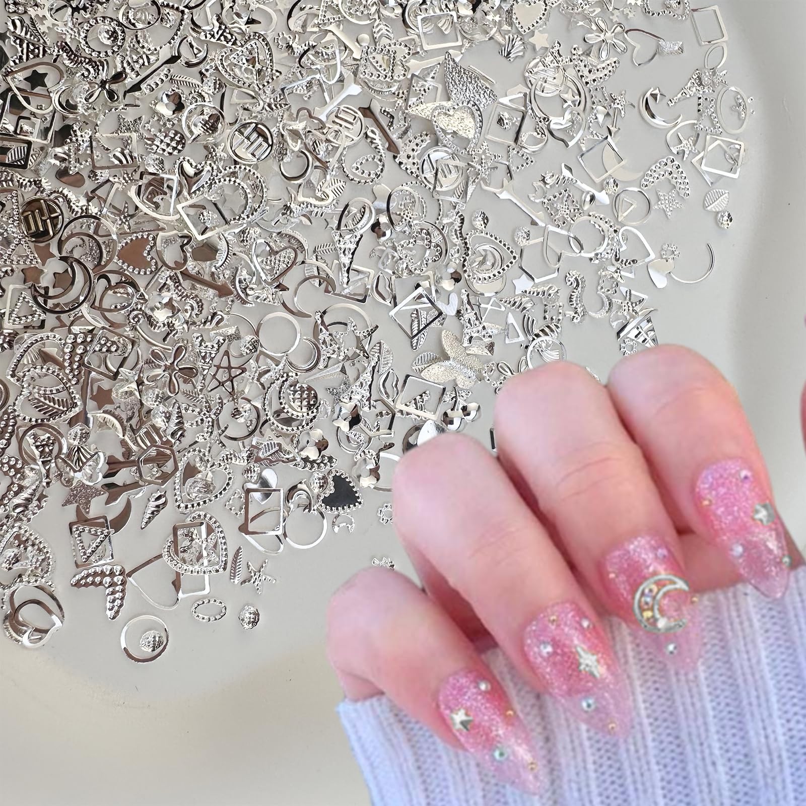 900Pcs Silver Nail Charms Alloy Star Nail Rhinestones 3D Nail Art Charms for Nai