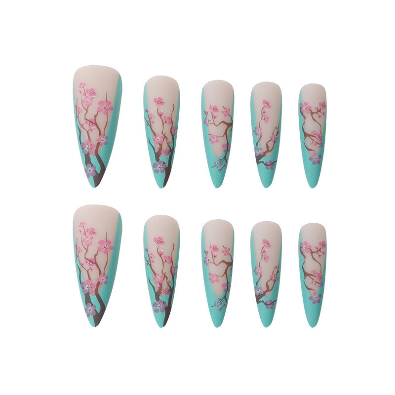 Long Pointed Nail French Nail Patch Fake Nail Wear Nail Green Tip