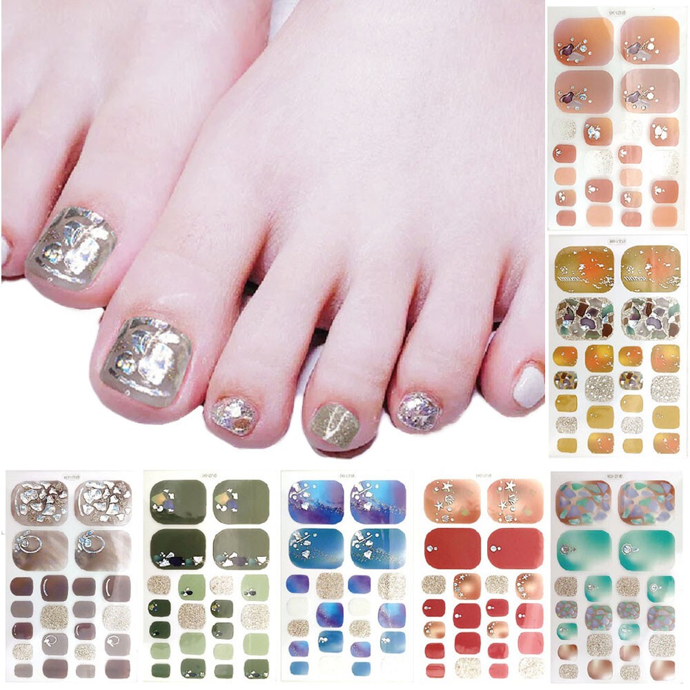 22 Tips Nail Art Glitter Flower Toe Nail Wraps Full Cover Polish Foot Stickers