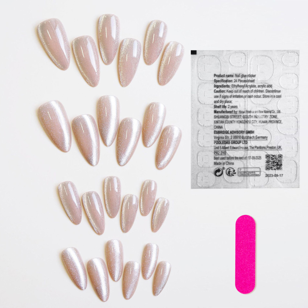 Pink Almond False Nail Glittering Cat Eye French Nail Tips Shimmer Fake Nail 24p