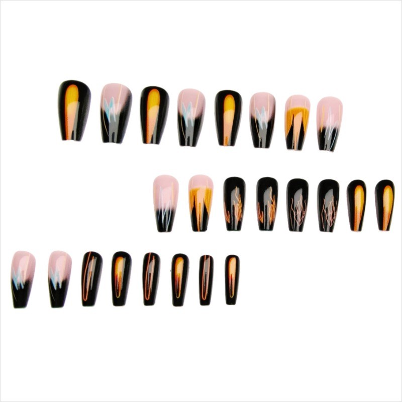 48pcs-Neon Flame Fake Nails, Glossy Black Stiletto with Orange Gradient Accents
