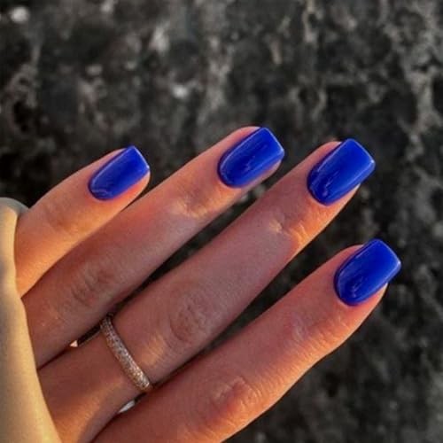 Royal Blue Press on Nails Short Square Fake Nails Glossy Chrome Medium Style 2