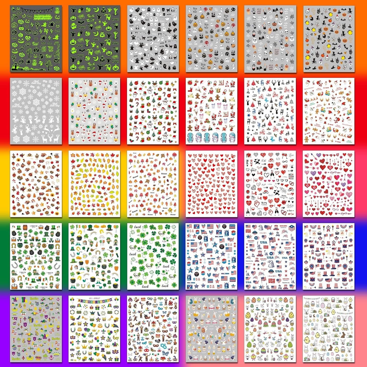 30 Sheets 8 Holiday Nail Art Stickers, Variety Pack All Season Nail Decals fo…