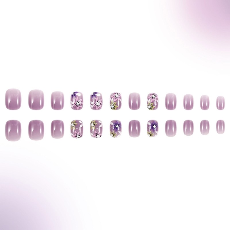24 Pieces Short Square False Nail Purple Floral Designs Full Cover Nail Set