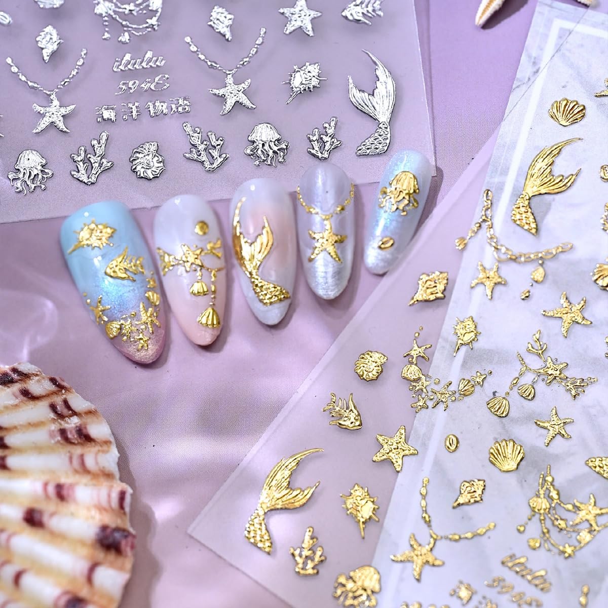 Summer 5D Embossed Nail Art Stickers Gold Glitter Star Shell Nail Decals Self…