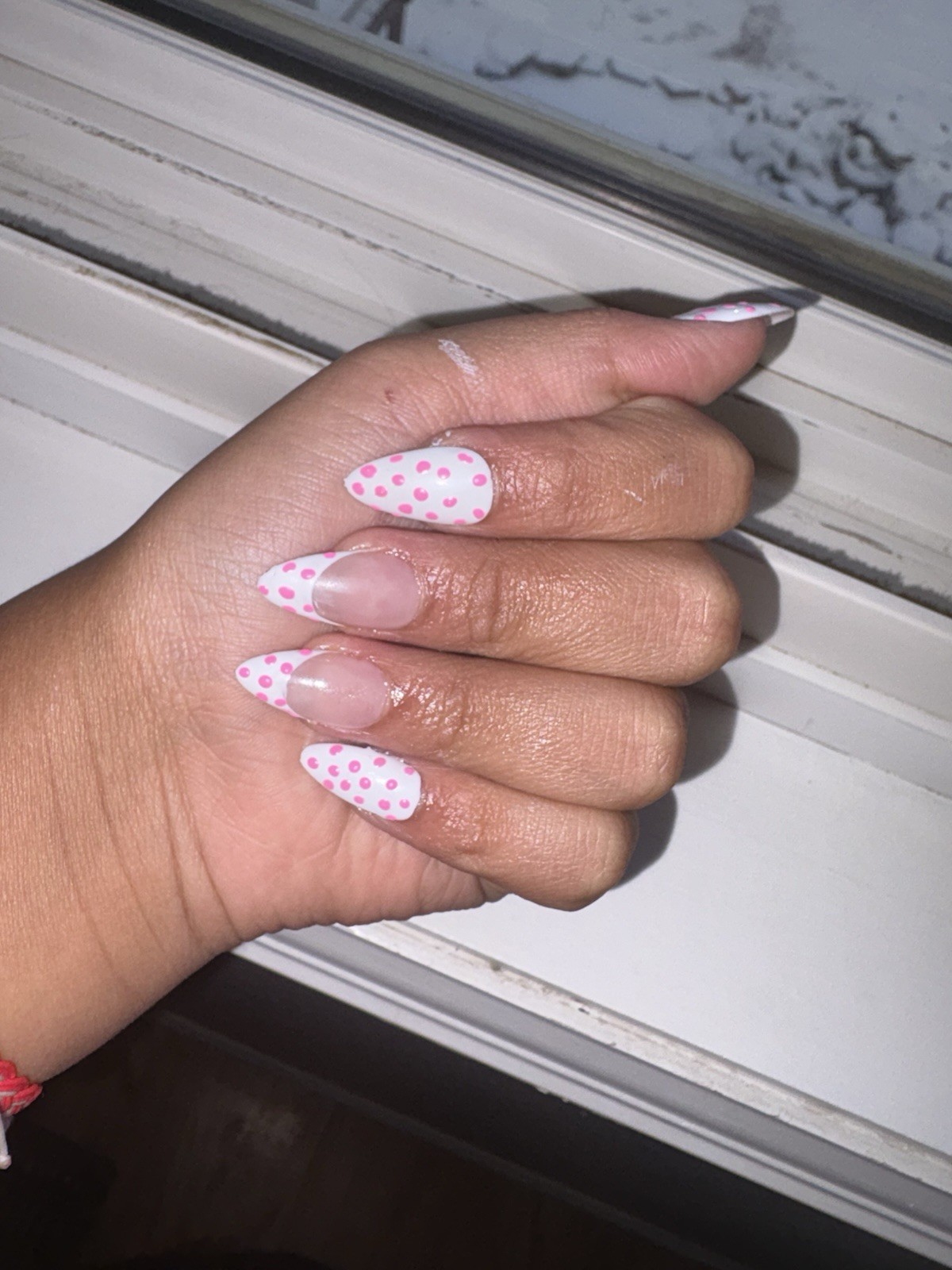 Medium Almond Nails With Pink And White Pink Pokeadot And A White Base