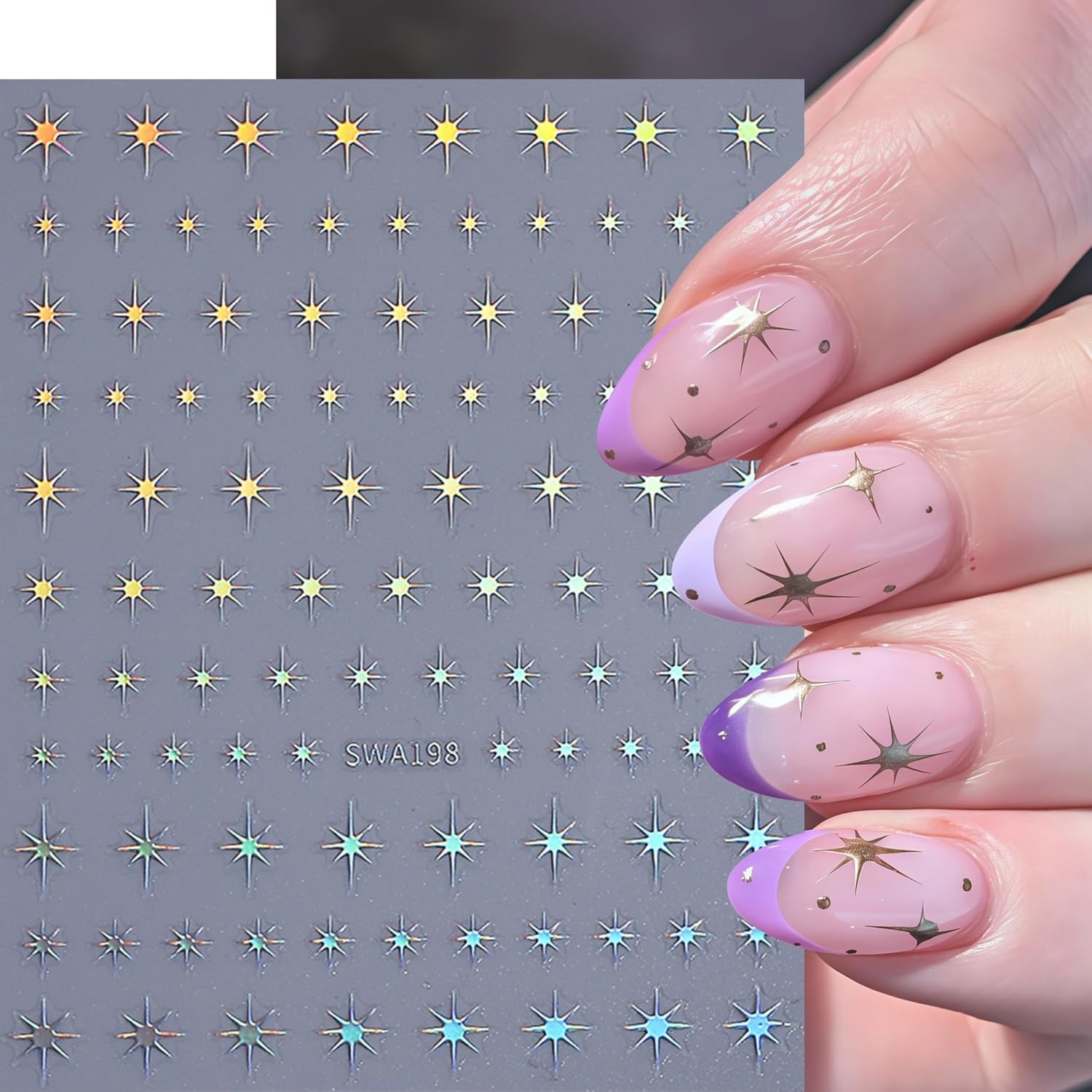 8 Sheets Gold Star Nail Art Stickers Decals 3D Self Adhesive Laser Golden Star N