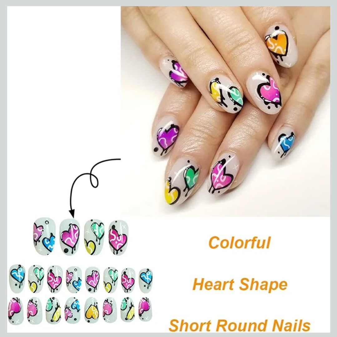 Colorful Heart Press On Nails Short Round – 24pc Set Cute Cartoon Hearts