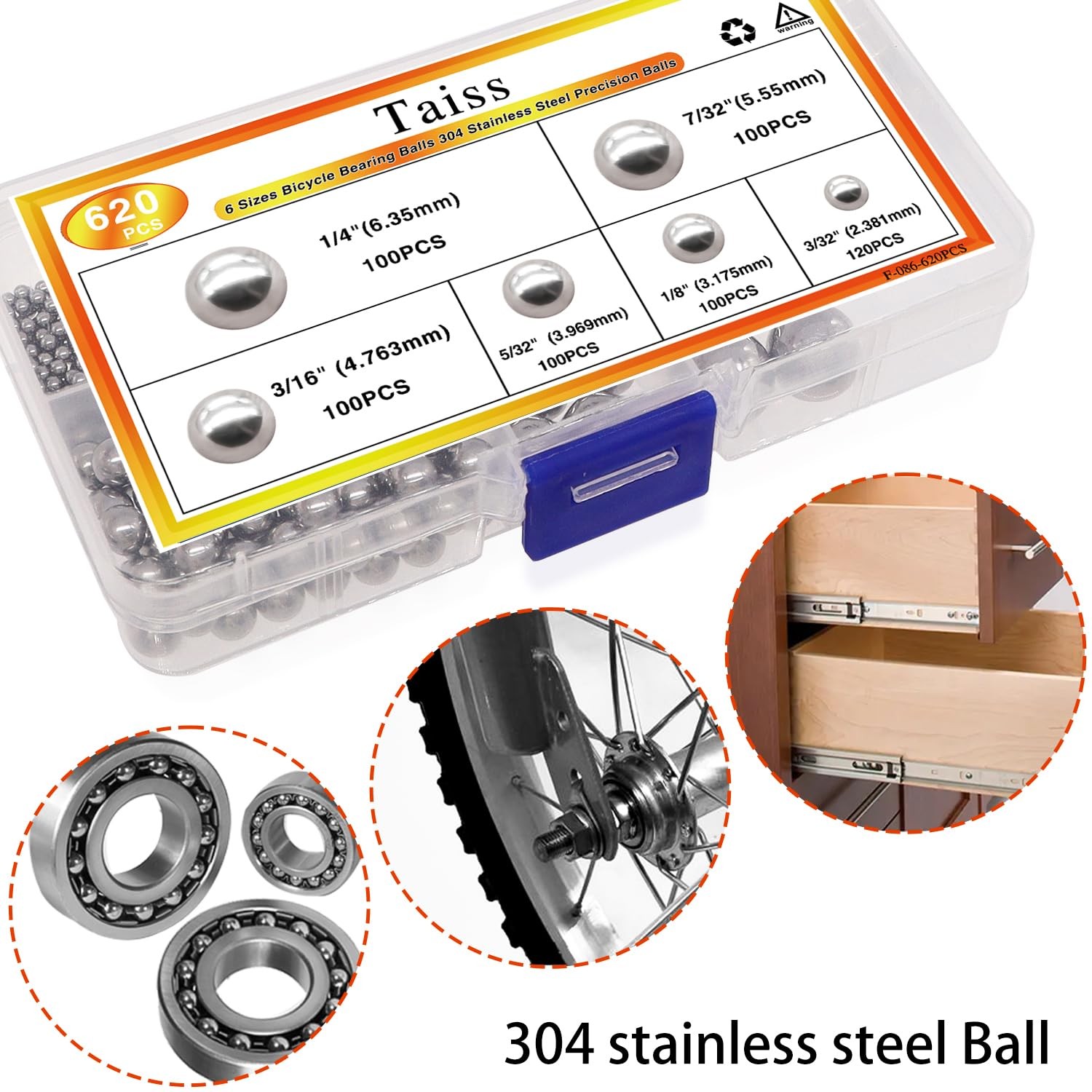 Taiss 620PCS 304 Stainless Steel Precision Balls,Bicycle Bearing Balls Assort…
